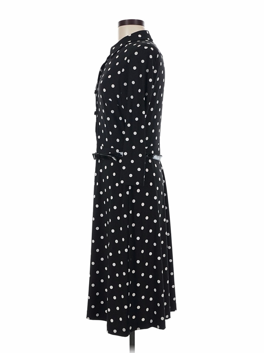 Evan-Picone Black White Polka Dot Midi Dress Belt 3/4 Sleeve Size 8 - Picture 7 of 11